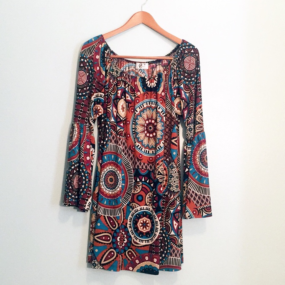 Retro print bell sleeve minidress